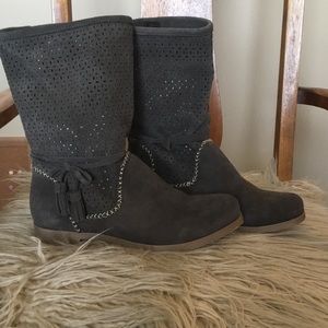 Laser-cut suede ankle bootie